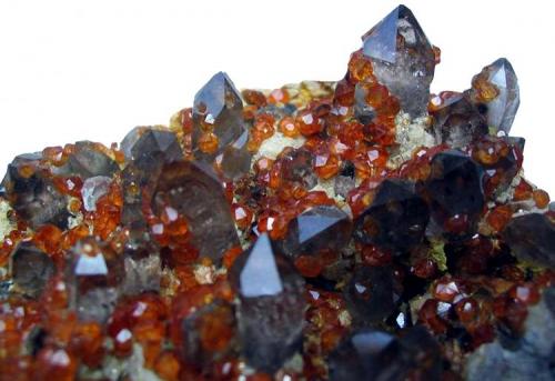 Smokey quartz crystals and spessartine garnets.

Wushan Spessartine Mine, Tongbei, Yunxiao County, Zhangzhou Prefecture, Fujian Province, China. 12 x 10 x 6 cm. (Author: Lumaes)