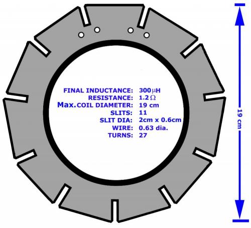 But wait a minute I have forgotten something, yes the coil. We need this if our metal detector is going to work. The first picture shows the template and the specifications are based on a bit of trial and error. Generally most coils will work, but to tweak it for best performance I settled with the one shown in the photo. This design was printed on paper and stuck on cardboard and the design cut with a craft knife. (Author: Lumaes)