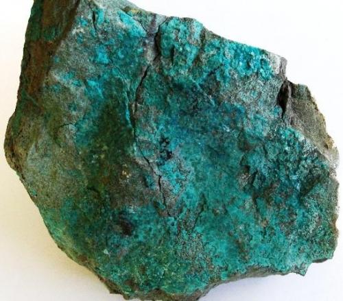 Crisocola y malaquita en la mina de El cañon del Rosillo Tajo La Suerte (NAV27, 14R, 214662-2933431), Mpio. de Cuatro Cienegas Coahuila, Tamaño de la Pieza 12X11X7.8 cm Esta asociada a depósitos de cobre estratiforme en areniscas cretácicas. (Autor: Luis Edmundo Sánchez Roja)