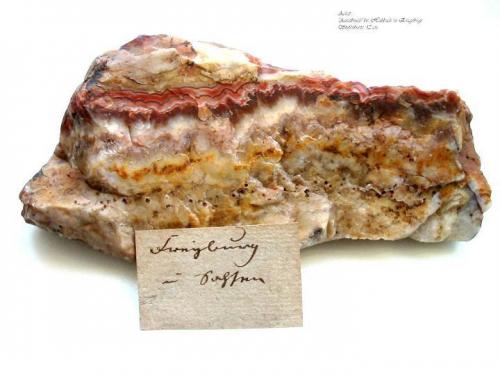 Famous agate from Halsbach near Freiberg, Erzgebirge, Saxony. 12 cm wide sample from a very old find with label dating by 1750-1780. (Author: Andreas Gerstenberg)