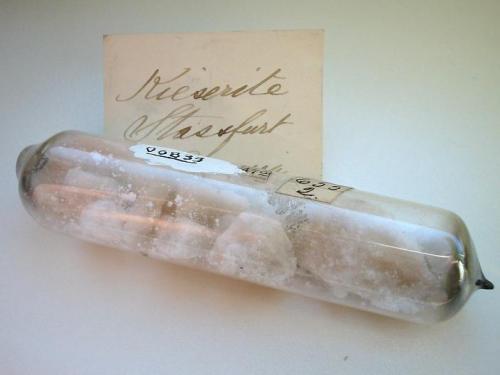 Kieserite in glass vial (10 cm) from Staßfurt, Saxony-Anhalt (type locality). Ex William S. Vaux collection. (Author: Andreas Gerstenberg)