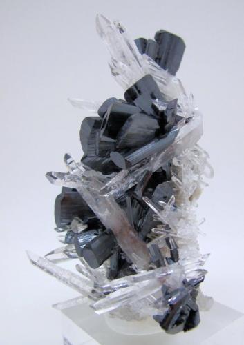 Hübnerite, quartz
Mundo Nuevo mine, Huamachuco, Sánchez Carrión, La Libertad, Peru
107 mm x 75 mm. Maximum crystal sizes > Hübnerite: 26 mm long, 13.5 mm wide, 5 mm thick; Quartz: 39 mm long, 8 mm wide (Author: Carles Millan)