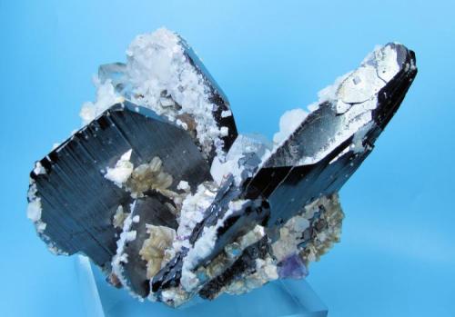 Ferberite, fluorite, quartz, arsenopyrite, calcite, muscovite
Yaogangxian Mine, Yizhang, Chenzhou, Hunan, China
112 mm x 75 mm x 69 mm. Main ferberite crystal: 68 mm tall, 43 mm wide (Author: Carles Millan)