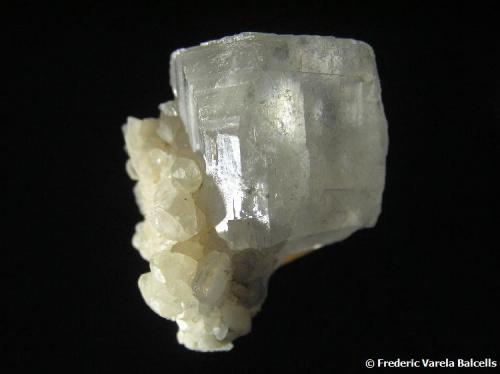 Calcita, Dolomita. 
Mina La Cuerre, Rionansa (Herrerías), complejo minero de La Florida, Sierra de Arnero, Cantabria, España. 
3 x 2 cm.
Cristal casi flotante de Calcita soportado por una agrupación de pequeños cristales de Calcita y Dolomita. (Autor: Frederic Varela)