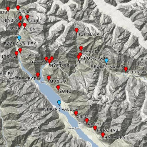 _Epidote, adularia, actinolite

Alchuri is a hamlet in the Shigar Valley, in the bottom of the map. The red marks point to interesting mineral localities. (Author: Carles Millan)