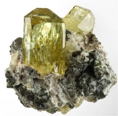 Apatite on Calcite from Cerro de Mercado Mine, Victoria de Durango, Durango, Mexico . Measures 5 x 5 x 4 cm and weighs 80 grams. Main crystal is 3.2 cm and is very gemmy (Author: VRigatti)