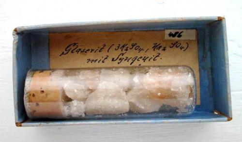 Aphthitalite with Syngenite and - propably - Görgeyite in 7 cm glass vial with original label and box. From Volkenroda potash mine, Menteroda, Thuringia. (Author: Andreas Gerstenberg)