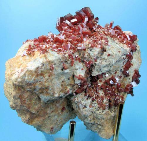 Vanadinite
Mibladene, Upper Moulouya lead district, Midelt, Khénifra Province, Meknès-Tafilalet Region, Morocco
111 mm x 92 mm. Major crystal: 11 mm wide, 3 mm thick (Author: Carles Millan)