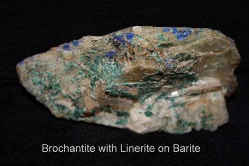 Brochantite with Linarite on Barite Bingham, New Mexico (Author: Bruce Sevier)