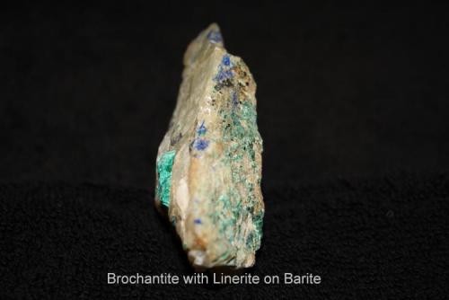 Brochantite with Linarite on Barite Bingham, New Mexico (Author: Bruce Sevier)