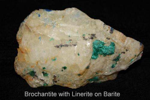 Brochantite with Linarite on Barite Bingham, New Mexico (Author: Bruce Sevier)