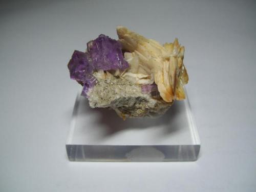 Fluorita con barita<br />La Cabaña, Valdelmar, zona minera de Berbes, Berbes, Ribadesella, Comarca Oriente, Principado de Asturias (Asturias), España<br />4,5 x 4 cm. (El cristal mayor mide 1cm.)<br /> (Autor: Darío Menéndez)