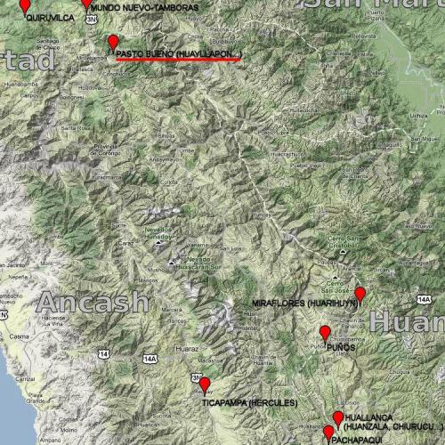 _Mapa donde se puede ver la posición geográfica del distrito de Pasto Bueno y la mina Huayllapón, a unos 5000 m de altitud. (Autor: Carles Millan)
