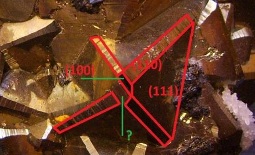 Pirita, esfalerita y cuarzo
Mina Huanzala, Distrito Huallanca, Provincia Dos de Mayo, Departamento de Huánuco, Perú
9,5 x 7 x 6 cm.
Detalle ampliado del octaedro con los índices de Miller. La cara que figura con interrogación podría ser la del piritoedro (210). Las caras triangulares del octaedro (111), los biseles muestran el rombododecaedro (110) y también me parece ver el cubo (100) en el vértice como en piezas anteriores. (Autor: Antonio Alcaide)