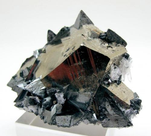 Tetrahedrite, pyrite, quartz
Mundo Nuevo Mine, Huamachuco, Sanchez Carrion Province, La Libertad Department, Peru
65 mm x 51 mm. Longest tetrahedron edge: 12 mm.  Longest pyrite crystal edge: 25 mm (Author: Carles Millan)