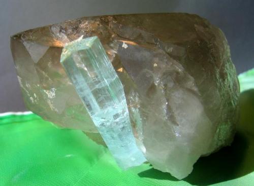 Beryl variety aquamarine & Smoky quartz
Haramosh Mts., Skardu District, Baltistan, Northern Areas, Pakistan
Specimen size: 6,5 cm x 5,5 cm x 4cm (Author: Leon56)