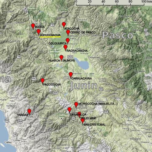 _Zona de Uchucchacua (las marcas de color rojo indican la posición aproximada de yacimientos minerales interesantes, por si a alguien le apetece ir) (Autor: Carles Millan)
