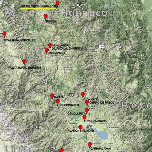 _¿Y dónde está el Cerro Huarihuyn? (las marcas de color rojo indican la posición de yacimientos minerales interesantes) (Autor: Carles Millan)