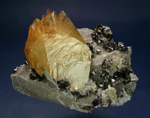 Calcite with Sphalerite on Calcite
Elmwood Mine, Middle Tennessee District, Carthage, Smith County, Tennessee, USA
160 x 140 x 117 mm
A lustrous, twinned crystal of golden Calcite measuring 107 x 83 x 36 mm is perched on a plate of limestone matrix covered with sparkling,
clear scalenahedrons of Calcite. Bright rich-red Sphalerite crystals to 14 mm generously cover the specimen (Author: GneissWare)