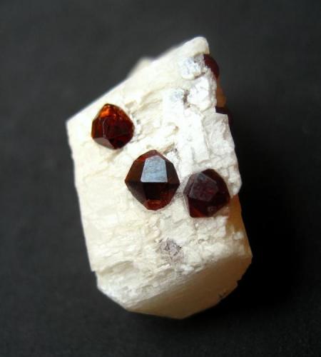 Spessartine on albite
Shigar Valley, Gilgit-Baltistan, Pakistan
27 x 18 x 13 mm, largest crystal 5 mm. (Author: Tobi)