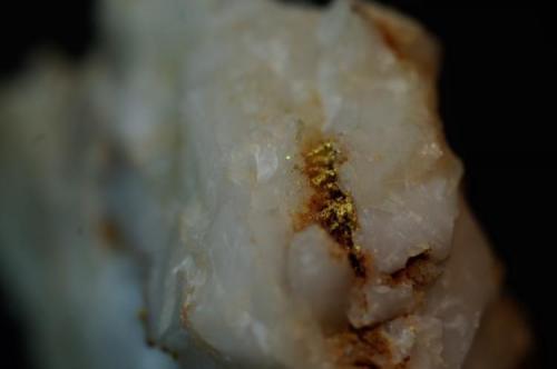 Oro nativo en cuarzo
Perran St George Mine, Perranzabuloe, Cornualles, Inglaterra, Gran Bretaña
45x34x20 mm detalle lateral (Autor: Juan María Pérez)