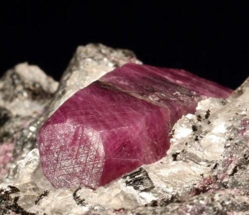 Corundum var. Ruby.
Mysore District, Karnataka, India.
50 x 45 x 40 mm, main crystal 25 mm long.

(Photo © by vendor and previous owner Klaus Krause) (Author: Tobi)