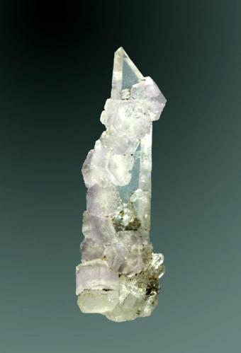 Fluorapatito
Panasqueira, Covilha (mun.), Castelo Branco (dist.), Beira Baixa, Portugal.
5,4x2,1x1,8 cm. / 0,5x0,9x0,8 cm. (cristal pral.)
Cristales prismàticos cortos, de color lila claro, implantados en un cristal de cuarzo (c.de roca).
Ejemplar de 1989. (Autor: Carles Curto)