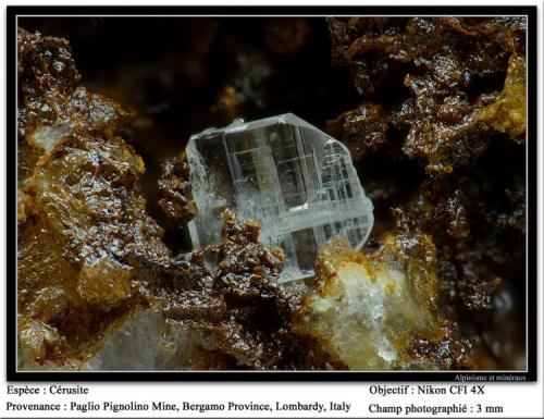 Cerussite
Paglio Pignolino Mine,  Dossena,  Brembana Valley,  Bergamo,  Lombardy, Italy
fov 3 mm (Author: ploum)