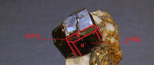 Andradita
Garnet Hill, Calaveras Co., California, EEUU
En este caso tenemos nuevamente la forma de rombododecaedro d modificado por el trapezoedro n (biseles) (Autor: Antonio Alcaide)