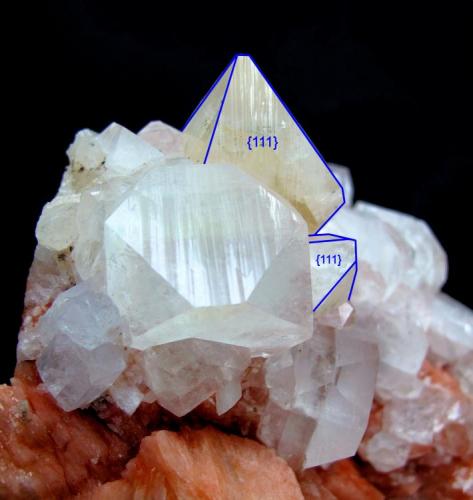 Powellite, apophyllite, stilbite
Pandulena Hills, Nasik District, Maharashtra, India
120 mm x 101 mm x 70 mm

Showing both powellite crystals Miller indices. (Author: Carles Millan)