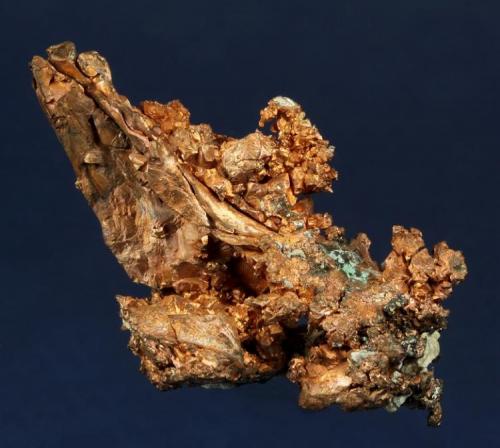 Copper
Warren District, Bisbee, Cochise County, Arizona, USA
58 x 33 x 20 mm

This very dramatic native Copper from Bisbee is dominated by a spinel twinned Copper crystals measuring 5.8 x 2.0 x 0.7 cm in size. Minor Malachite provides a nice accent. (Author: GneissWare)