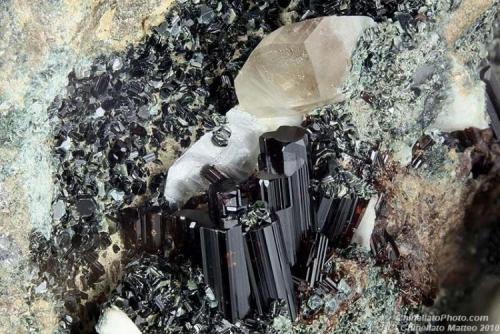 Vesuvianite, Titanite
Chisone Valley, Torino Province, Piedmont, Italy
Geode of 28.27 mm with a perfect 13.4 mm group of Vesuvianite crystals and a 7.72 mm Titanite crystal (Author: Matteo_Chinellato)