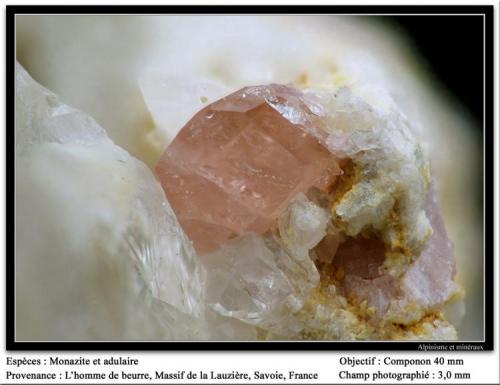 Monazite and adularia
L’Homme de Beurre, La Lauzière massif, Savoie, Rhône-Alpes, France
fov 3 mm (Author: ploum)