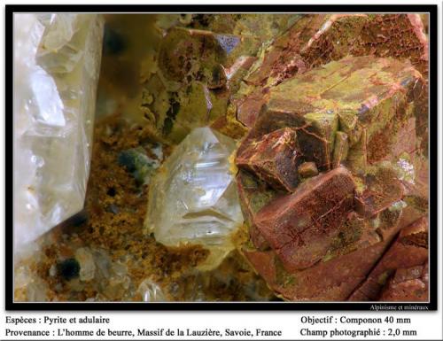 Adularia and pyrite
L’Homme de Beurre, La Lauzière massif, Savoie, Rhône-Alpes, France
fov 2 mm (Author: ploum)