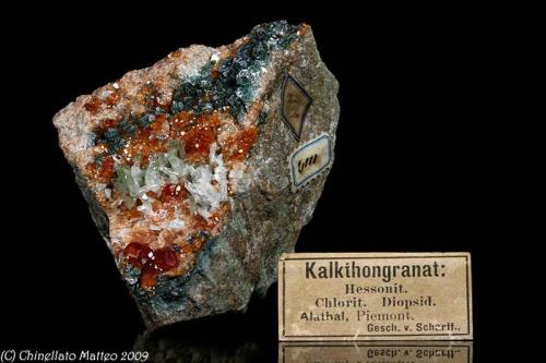 Grossular var. Hessonite, Diopside
Mussa Alp, Balme, Ala Valley, Lanzo Valley, Sesia-Lanzo zone, Torino Province, Piedmont, Italy
71.82x50.15 mm specimen from old collection (Author: Matteo_Chinellato)