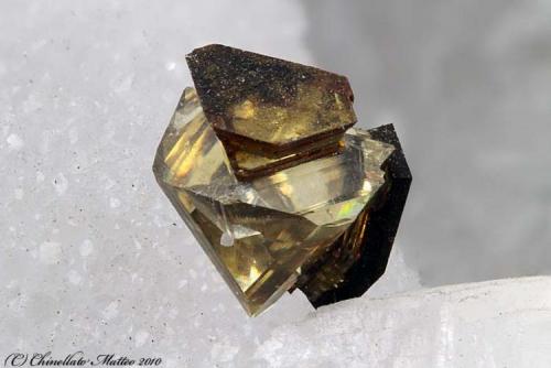 Sphalerite, Wurtzite
Val Pulita, Carrara, Apuan Alps, Massa-Carrara Province, Tuscany, Italy
1.92 mm group of yellow sphalerite crystal in epitaxy with two yellow-brown Wurtzite crystals (Author: Matteo_Chinellato)