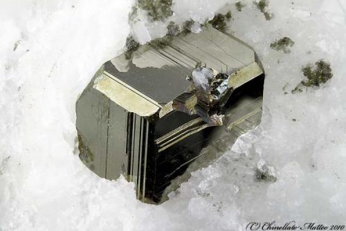 Pyrite
Fantiscritti quarry, Carrara, Apuan Alps, Massa-Carrara Province, Tuscany, Italy
6.65 mm rectangular Pyrite crystal on marble (Author: Matteo_Chinellato)