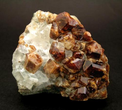 Grossular on Calcite
Phippsburg, Sagadahoc County, Maine, USA
Specimen size: 5.3 × 4.7 × 3 cm.
Main crystal size: 1.3 × 0.9 cm.
Former collection of duplicates Folch
Photo: Reference Specimens (Author: Jordi Fabre)