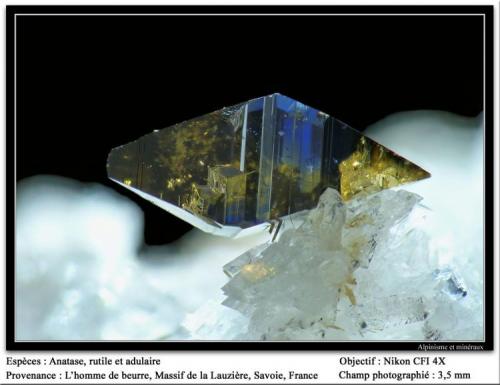 Anatase, rutile, adularia
L’Homme de Beurre, La Lauzière massif, Savoie, Rhône-Alpes, France
fov 3.5 mm (Author: ploum)