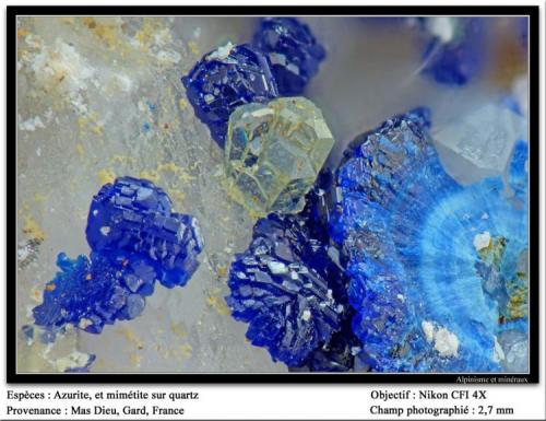 Azurite and mimetite
Mas Dieu, Mercoirol, Gard, France
fov 2.7 mm (Author: ploum)