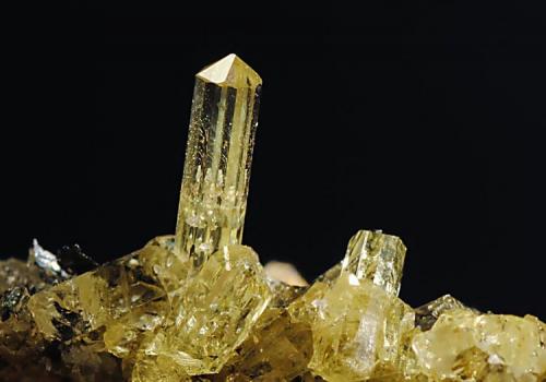 Apatito
Minas de La Celia (Del Carmen). Jumilla. Murcia. España
Cristal de 7x1x1 mm
Recolectado en 1995.
La visita a las minas de fosfatos de La  Celia fue una de las primeras excursiones mineralógicas que hice. En cualquier sitio se podía ver brillar los Apatitos y las hojillas de Hematites dentro de las venas de calcita. Acampábamos en la misma puerta de la minas. Pasaban las ovejas a diario por los alrededores y alguno de mis compañeros tuvo problemas con las garrapatas. (Autor: Daniel Agut)