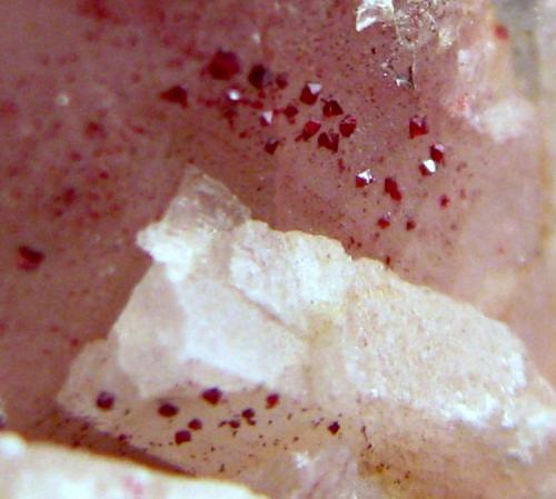 Barita, Cinabrio<br />Distrito Minero de Almadén, Almadén, Comarca Valle de Alcudia, Ciudad Real, Castilla-La Mancha, Spain<br />42 x 40 x 31 mm., cristales de cinabrio de 1 mm. aproximadamente<br /> (Autor: José Luis Zamora)