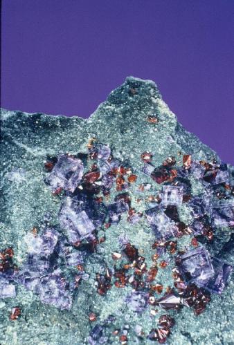 Fluorite & sphalerite
Bluffton Stone Co. quarry, Bluffton, Ohio, USA
5 cm field of view (Author: John Medici)