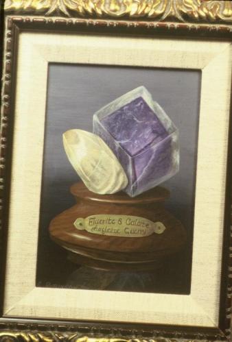 Fluorite & calcite - acrylic painting by Susan Robinson
Auglaize Quarry, Junction, Ohio, USA
fluorite cube 3 cm across (Author: John Medici)