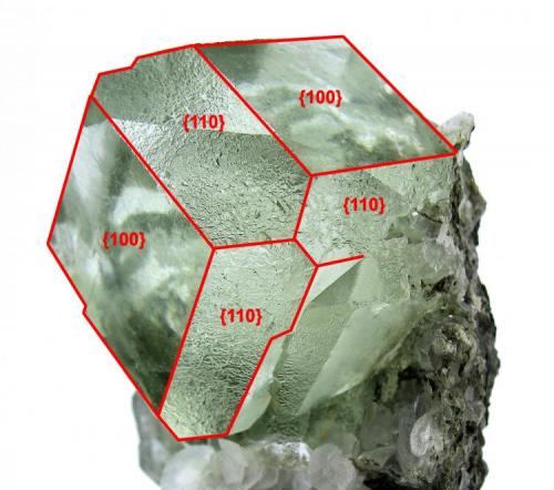 Fluorita, calcita
Mina Xianghuapu (Mina Maiwan), Xianghualing, Linwu, Chenzhou, Hunan, China
71 x 52 x 40 mm³

Mostrando las familias de índices de Miller (Autor: Carles Millan)