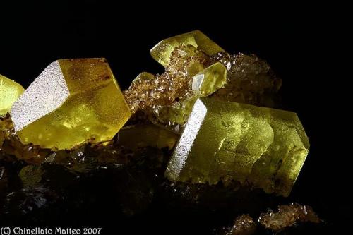 Sulphur
Cozzodisi Mine, Casteltermini, Agrigento Province, Sicily, Italy
Area of 4.4 cm. with several clear and perfect Sulphur crystals (Author: Matteo_Chinellato)