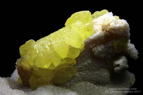 Sulphur
Cozzodisi Mine, Casteltermini, Agrigento Province, Sicily, Italy
Nice item with some big green Fluorite cubes and groups of crystals. Cube = 1 cm (Author: Matteo_Chinellato)
