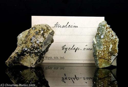 Analcime
Cyclopean Islands, Acitrezza (Aci Trezza), Etna Volcanic Complex, Catania Province, Sicily, Italy
Two specimens of 65.01 and 52.05 mm of Analcime from the collection of the Stockh.Hogsk. Min. Institute
One its go destroyed (Author: Matteo_Chinellato)
