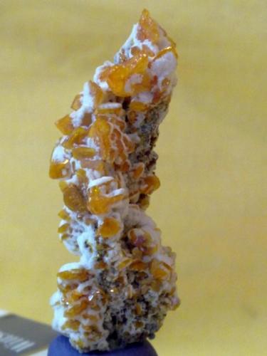 Wulfenite
Chah Khouni Mine (Chah Khoni Mine; Tschah Khuni Mine; El Khun Mine), Anarak District, Nain County (Nayin County), Esfahan Province (Isfahan Province; Aspadana Province), Iran
Size of specimen: 49.7*20*16 and Biggest crystal size:7 mm
A bright and beautiful colony Of Wulfenite, that covered by lime in some parts. (Author: h.abbasi)