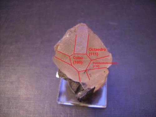 Fluorita, galena
Mina Huanzalá, Distrito Huallanca, Provincia Dos de Mayo, Departamento de Huánuco, Perú
5,5 x 3,5 x 2,5 cm.
Indicación de las distintas caras del cristal (Autor: Antonio Alcaide)